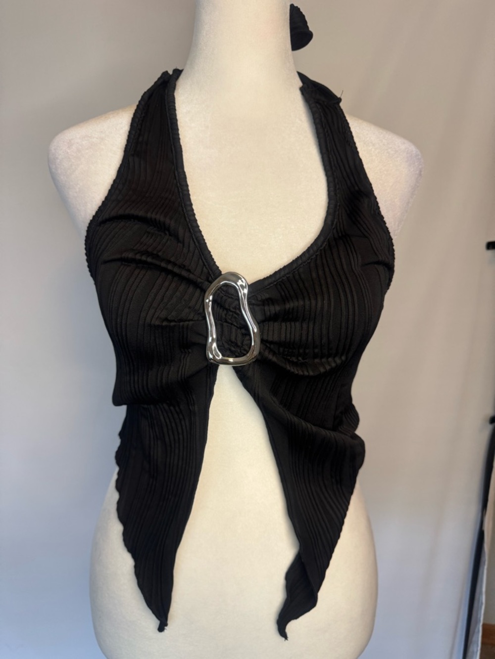SHEIN Black Ribbed Halter Top with Silver Accent Center Ring